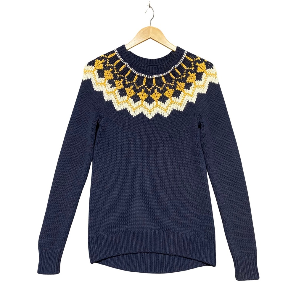 Bass Womens Navy Blue Fair Isle Yoke Cotton Blend Crew Neck Sweater S Nordic